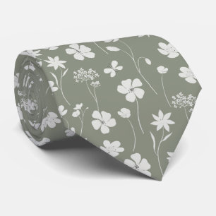 Elegantes Salbei-grün weißes Wildblumen-Blumenmust Krawatte