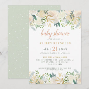 Elegantes Salbeigrün Creme Blumen Baby Shower Einladung