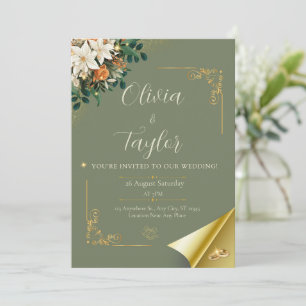 Elegantes Salbeigrün Floral Gold Einladung