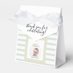 Elegantes Salbeigrün und Gold Foto Taufzelt Geschenkschachtel