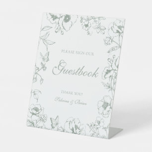 Elegantes Salbeigrünes Florales Hochzeitsgästebuch Sockelschild