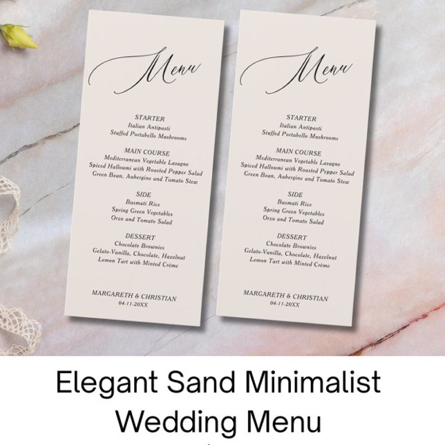 Elegantes Sand Minimalistische Hochzeitsmenü Menükarte (Von Creator hochgeladen)