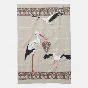 Elegantes Sandbeige & Cocoa Folk Storch 2026 Kalen Geschirrtuch