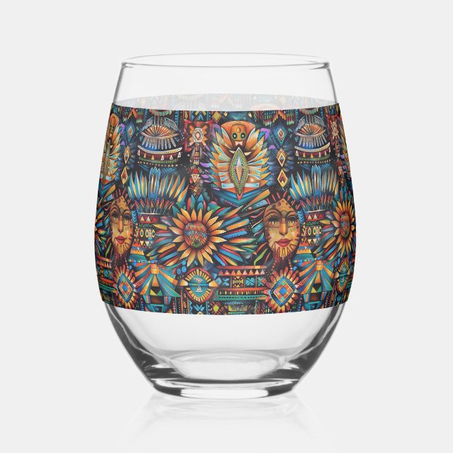Elegantes Saphir "Pre-Columbian Tapestry" Stemless Weinglas Ohne Stiel (Vorderseite)