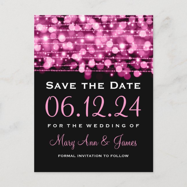 Elegantes Save the Date Party Glitzern Pink Ankündigungspostkarte (Vorderseite)