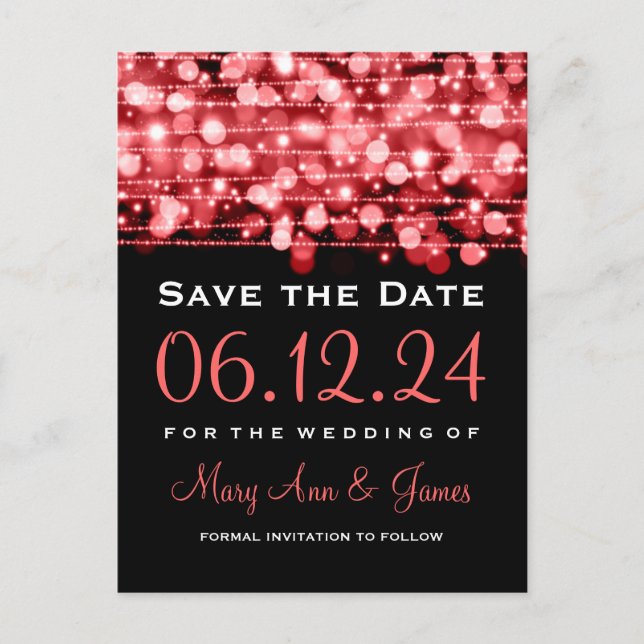 Elegantes Save the Date Party Glitzern Red Ankündigungspostkarte (Vorderseite)