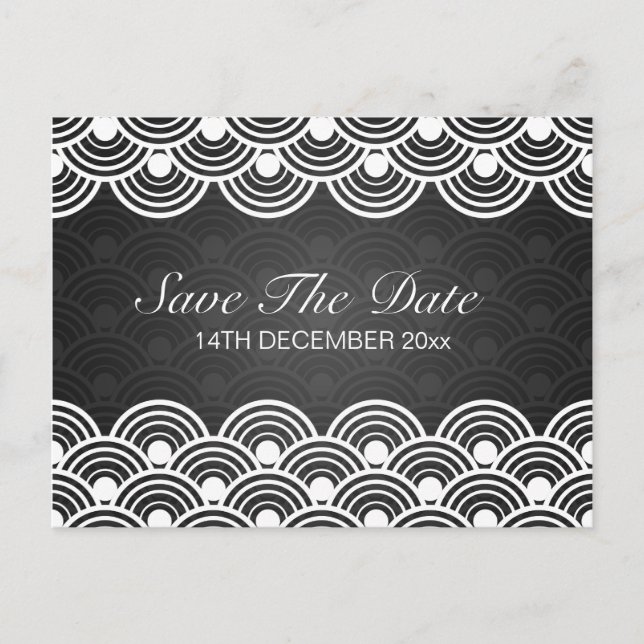 Elegantes, Save the Date skaliertes Muster Schwarz Ankündigungspostkarte (Vorderseite)