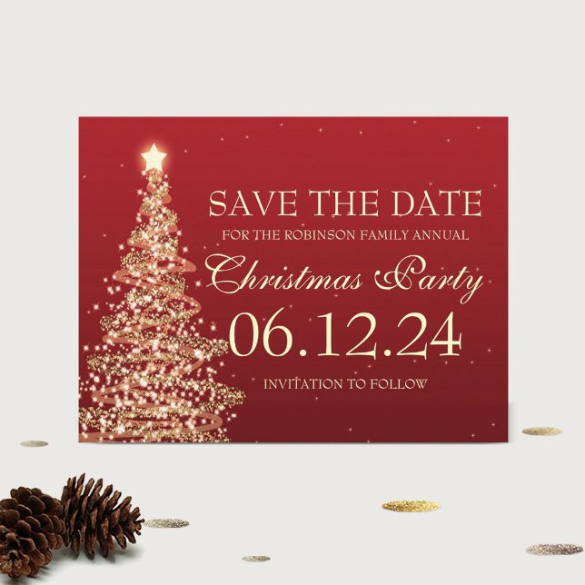 Elegantes Save the Date Weihnachts-Party Rot Ankündigungspostkarte (Von Creator hochgeladen)