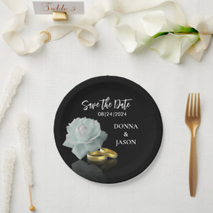 Elegantes Save the Date White Rose Gold Rings Scri Pappteller