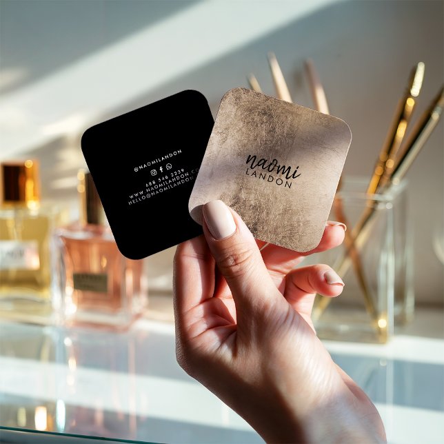 Elegantes schicke Gold, modernes, quadratisches Sc Quadratische Visitenkarte (Elegant chic gold modern square minimalist black)