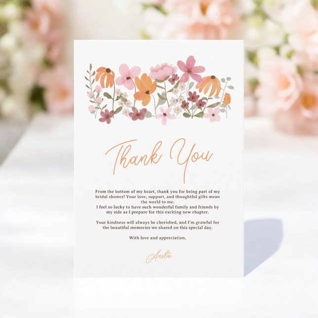 Elegantes schicke Wiesen-Wildblume-Brautparty Dankeskarte (Elegant chic boho meadow wildflower bridal shower thank you card)