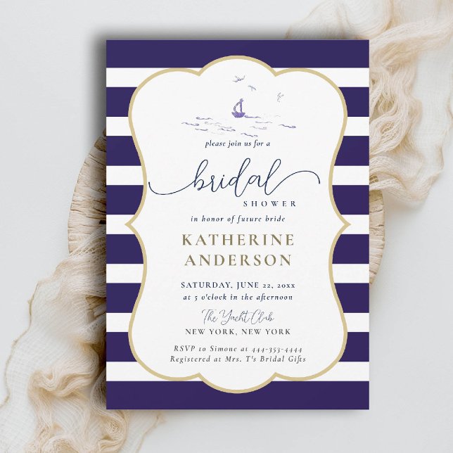 Elegantes Schiff aus der Eisen Streifen Modernes B Einladung (nautical bridal shower invitation coastal beach yacht boat sailing stripes elegant frame)