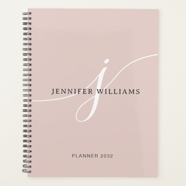 Elegantes Schlicht Blush Pink White Script Monogra Planer (Vorderseite)