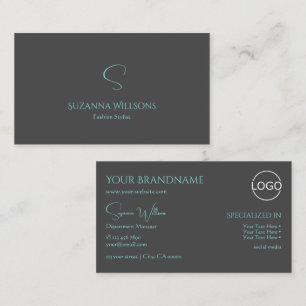 Elegantes Schlicht Grau Aquamarin mit Monogram und Visitenkarte