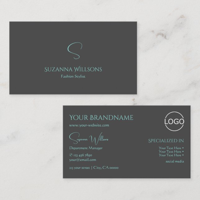 Elegantes Schlicht Grau Aquamarin mit Monogram und Visitenkarte (Vorne/Hinten)