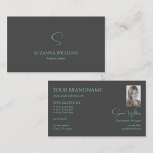 Elegantes Schlicht Grau Aquamarin mit Monogramm un Visitenkarte