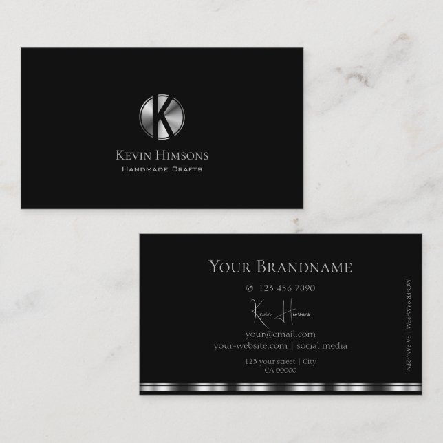 Elegantes Schlicht Schwarz und Silber mit Monogram Visitenkarte (Vorne/Hinten)