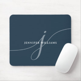 Elegantes Schlichtes Dusty Navy Blue Script Monogr Mousepad