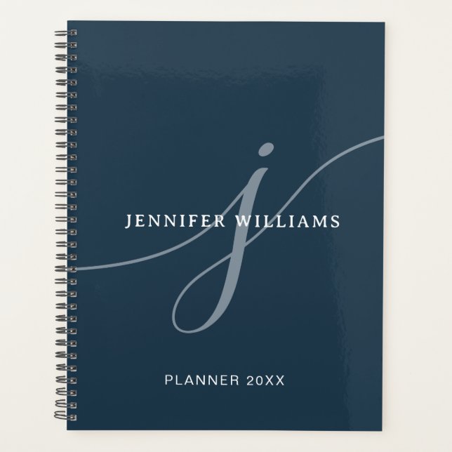 Elegantes Schlichtes Dusty Navy Blue Script Monogr Planer (Vorderseite)