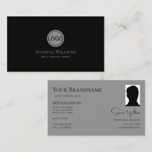 Elegantes Schlichtes Schwarz-Grau mit Logo und Fot Visitenkarte
