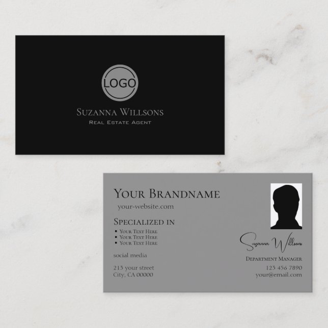 Elegantes Schlichtes Schwarz-Grau mit Logo und Fot Visitenkarte (Vorne/Hinten)
