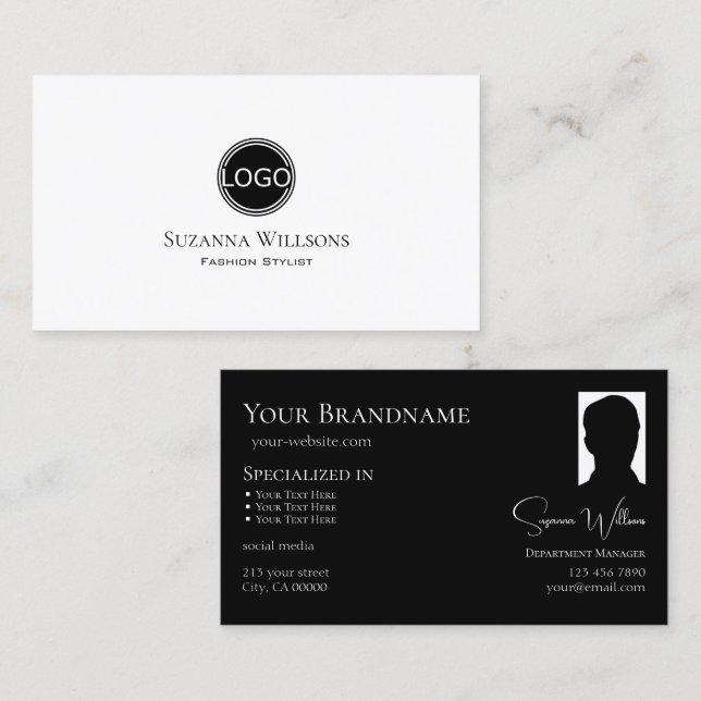 Elegantes Schlichtes Schwarz mit Logo und Foto-Chi Visitenkarte (Vorne/Hinten)