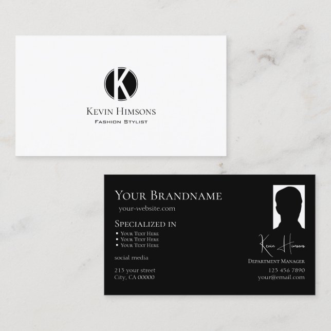 Elegantes Schlichtes Schwarz mit Monogramm und Fot Visitenkarte (Vorne/Hinten)