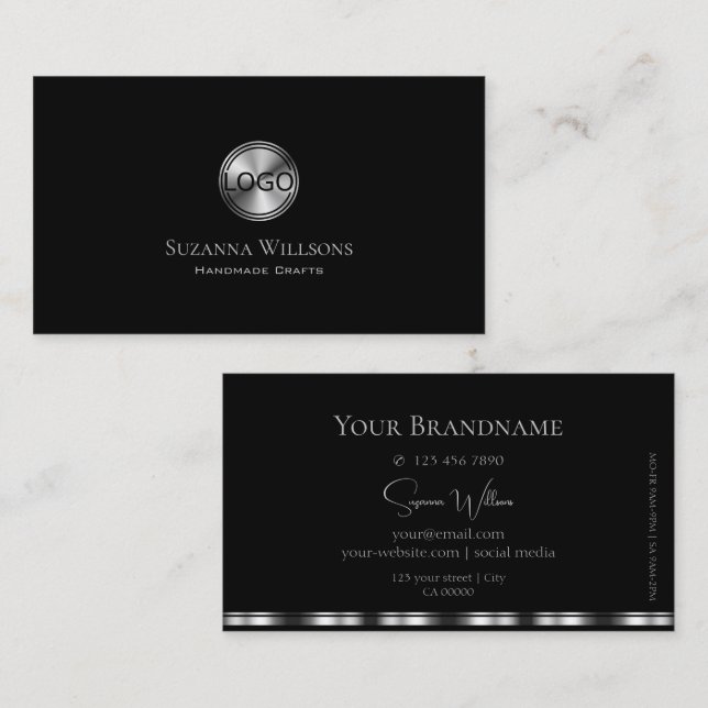 Elegantes Schlichtes Schwarz und Silber mit Logo S Visitenkarte (Vorne/Hinten)