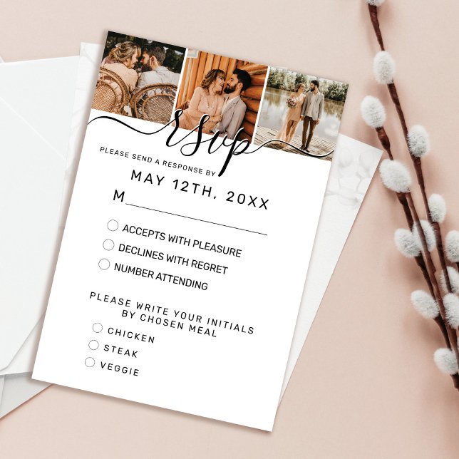 Elegantes, schlichtes Schwarzes Foto Hochzeit RSVP Karte (Von Creator hochgeladen)