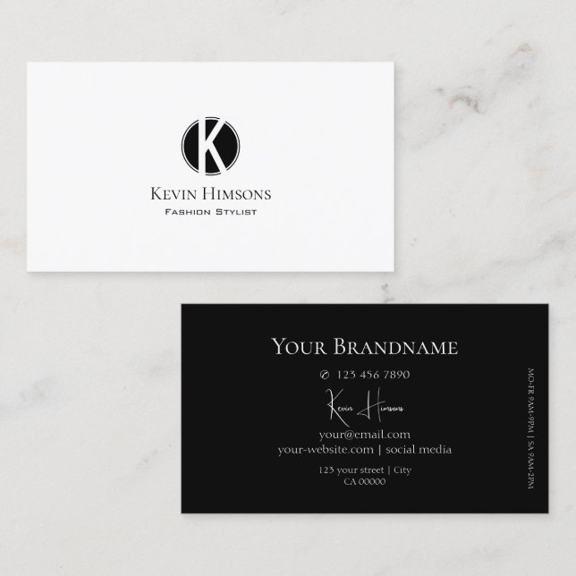 Elegantes Schlichtes Weiß und Schwarz mit Monogram Visitenkarte (Vorne/Hinten)