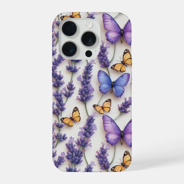 Elegantes Schmetterlingdesign und Lavenderdesign iPhone 15 Pro Hülle (Rückseite)