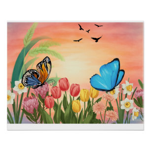 Elegantes Schmetterlings-Blumen-Ölgemälde Poster