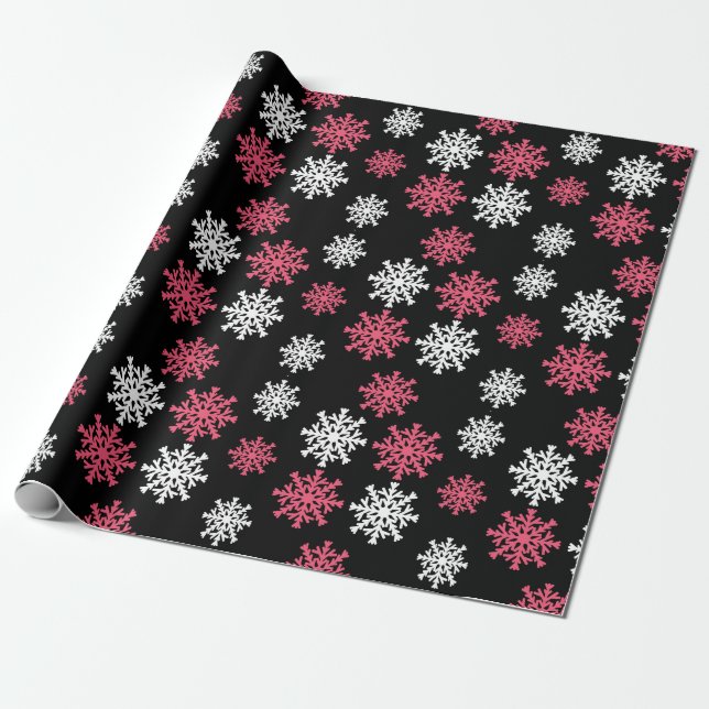Elegantes Schneeflocken auf schwarzem Hintergrund Geschenkpapier (Ungerollt)