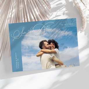 Elegantes Schrift Denim Blau Gebogener Rahmen Foto Save The Date