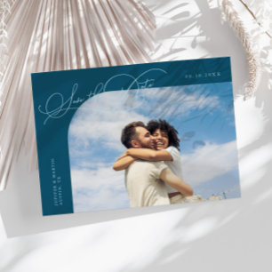 Elegantes Schriftart Teal gebogenes Rahmenfoto Save The Date