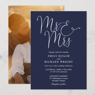 Elegantes Schriftzug Herr und Frau Foto Navy Blau Einladung