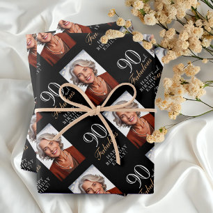 Elegantes Schwarz 90 und Fabelhaftes 90. Geburtsta Geschenkpapier Set