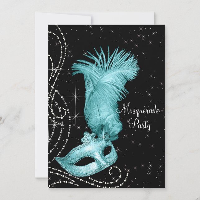 Elegantes Schwarz-Aquamarin-Blaues Masquerade-Part Einladung (Vorderseite)