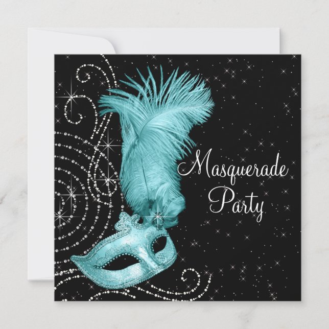 Elegantes Schwarz-Aquamarin-Blaues Masquerade-Part Einladung (Vorderseite)