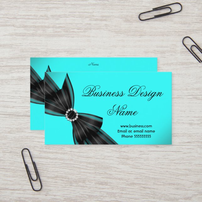 Elegantes Schwarz Aquamarin Blue Diamond Bow Desig Visitenkarte (Vorderseite/Rückseite Beispiel)