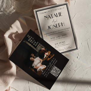 Elegantes Schwarz Creme Old Money QR-Code Foto Hoc Einladung
