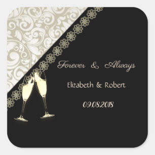 Elegantes Schwarz, Damast Hochzeit Quadratischer Aufkleber