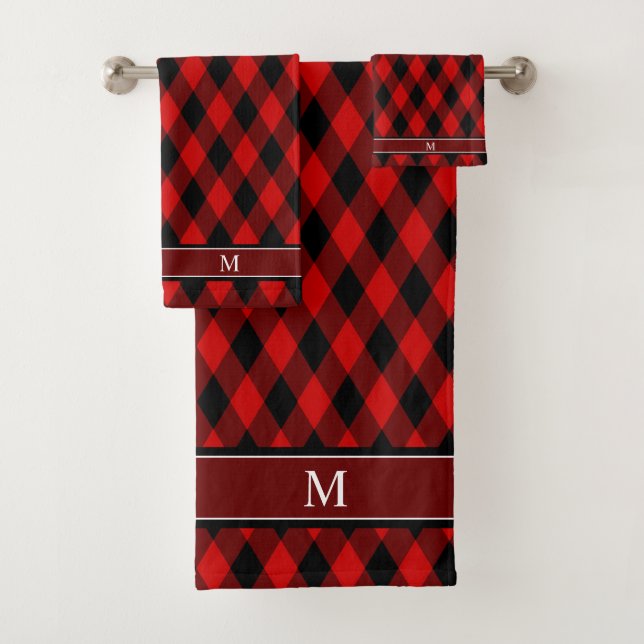 Elegantes Schwarz-Diamant-Muster und Monogramm Badhandtuch Set (Insitu)