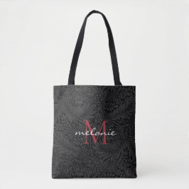 Elegantes Schwarz-Floral-Rotes Skript-Monogramm Tasche
