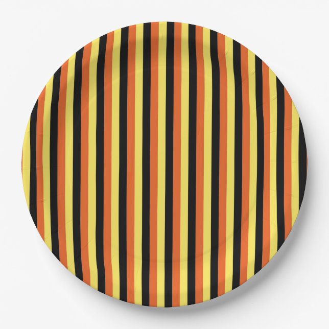 Elegantes Schwarz/Gelb gestreiftes modernes Retro Pappteller (Vorderseite)