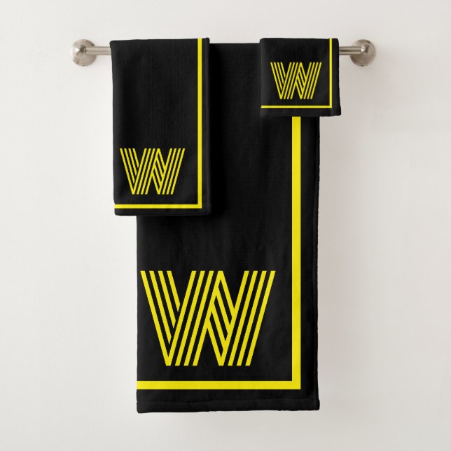 Elegantes Schwarz-Gelb-Monogramm Badhandtuch Set (Insitu)