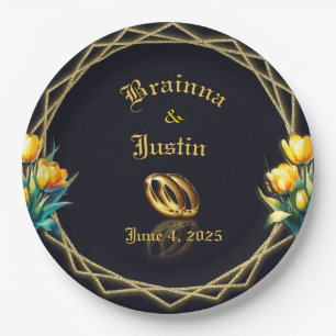 Elegantes schwarz-gelbes Tulpenpapier Pappteller