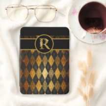 Elegantes Schwarz-Gold-Argyle-Design mit Monogramm