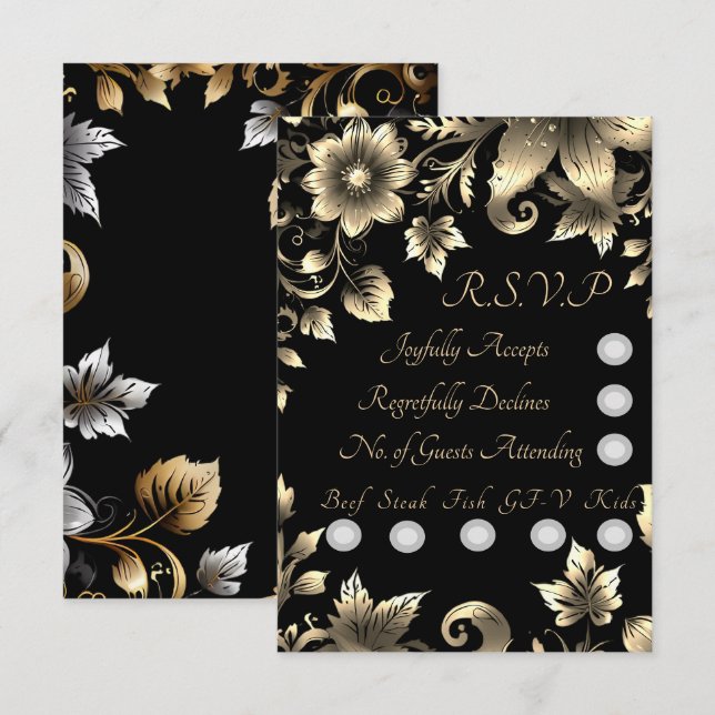 Elegantes Schwarz-Gold-Blumen-Hochzeitsfest-Set RSVP Karte (Vorne/Hinten)