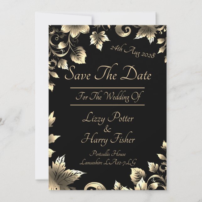 Elegantes Schwarz-Gold-Blumenspektrum Save the Dat Date (Vorderseite)